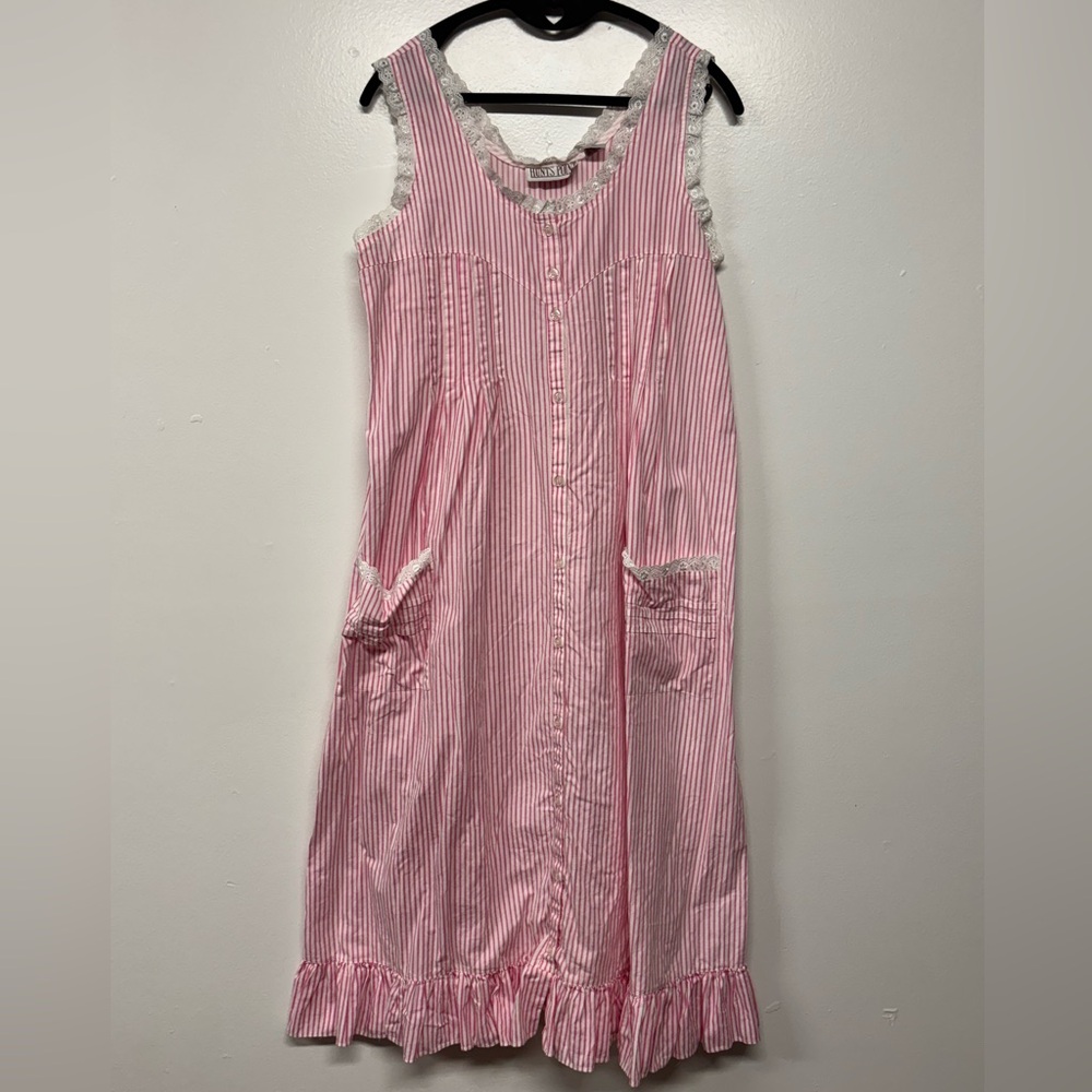 Hunt Point Vintage Pink White Striped Cotton Lace Midi Dress Size Small